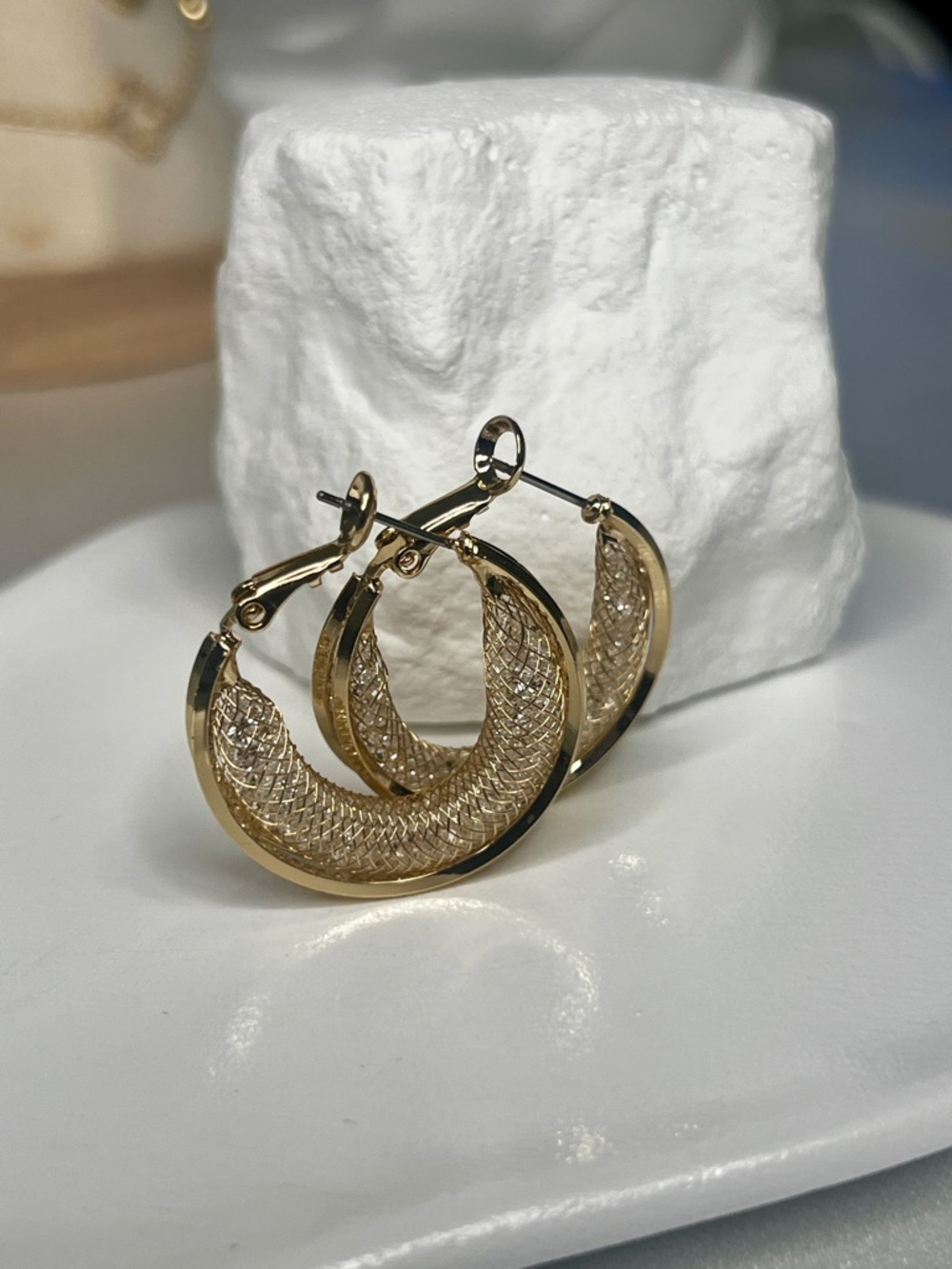 18k Gold Textured Hoop Earrings - Women Jewelry